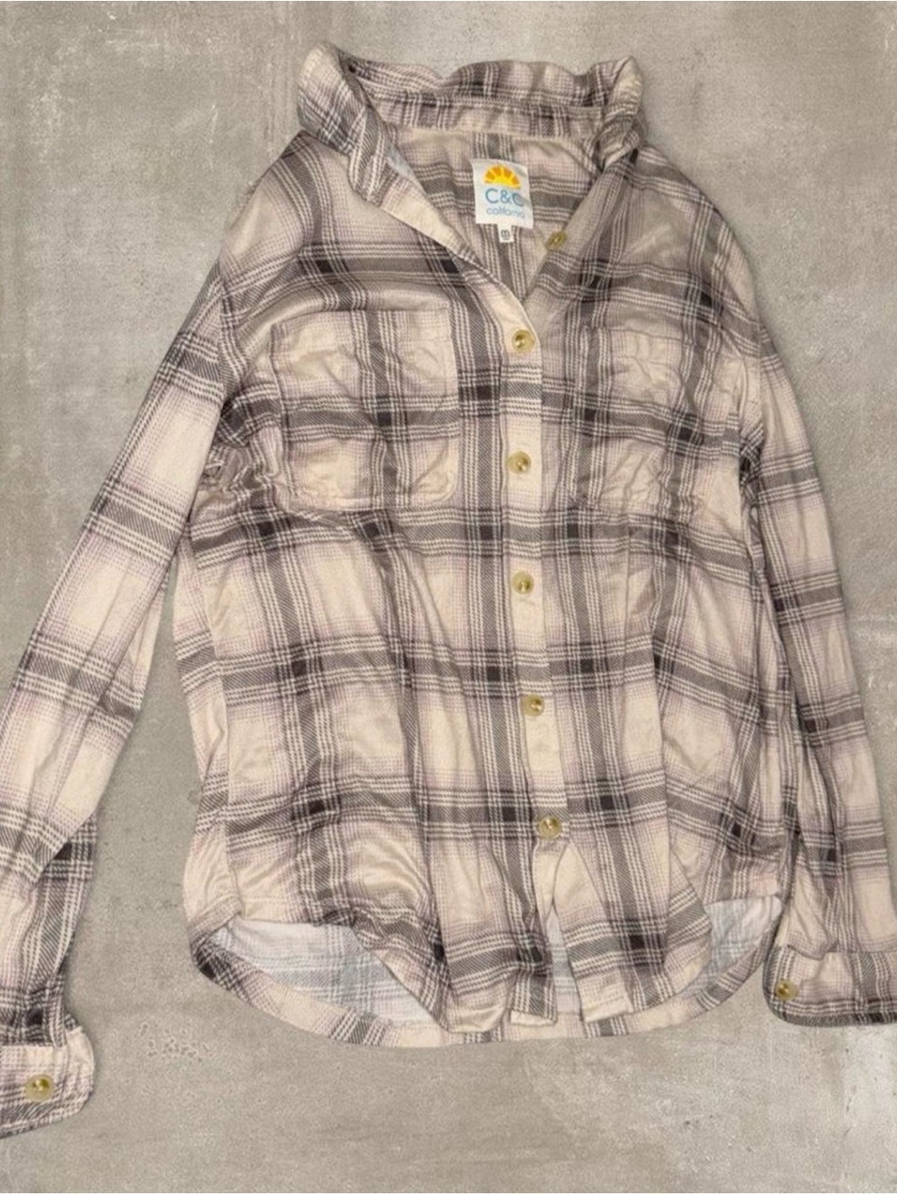 C&C California Plaid Button-Down Shirt - Cream & Gray